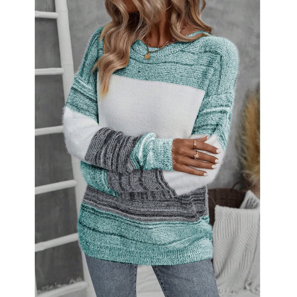 Fuzzy Knit Colorblock Green White Long Sleeve Sweater Pullover - Picture 2 of 8